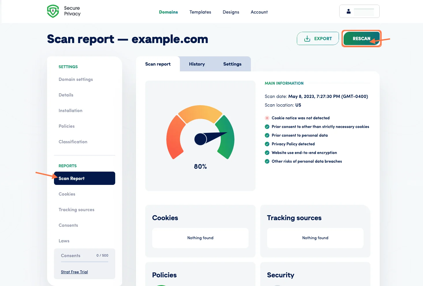Secure Privacy Scan Report dashboard showing a website GDPR compliance score with a prioritized breakdown of flagged privacy issues