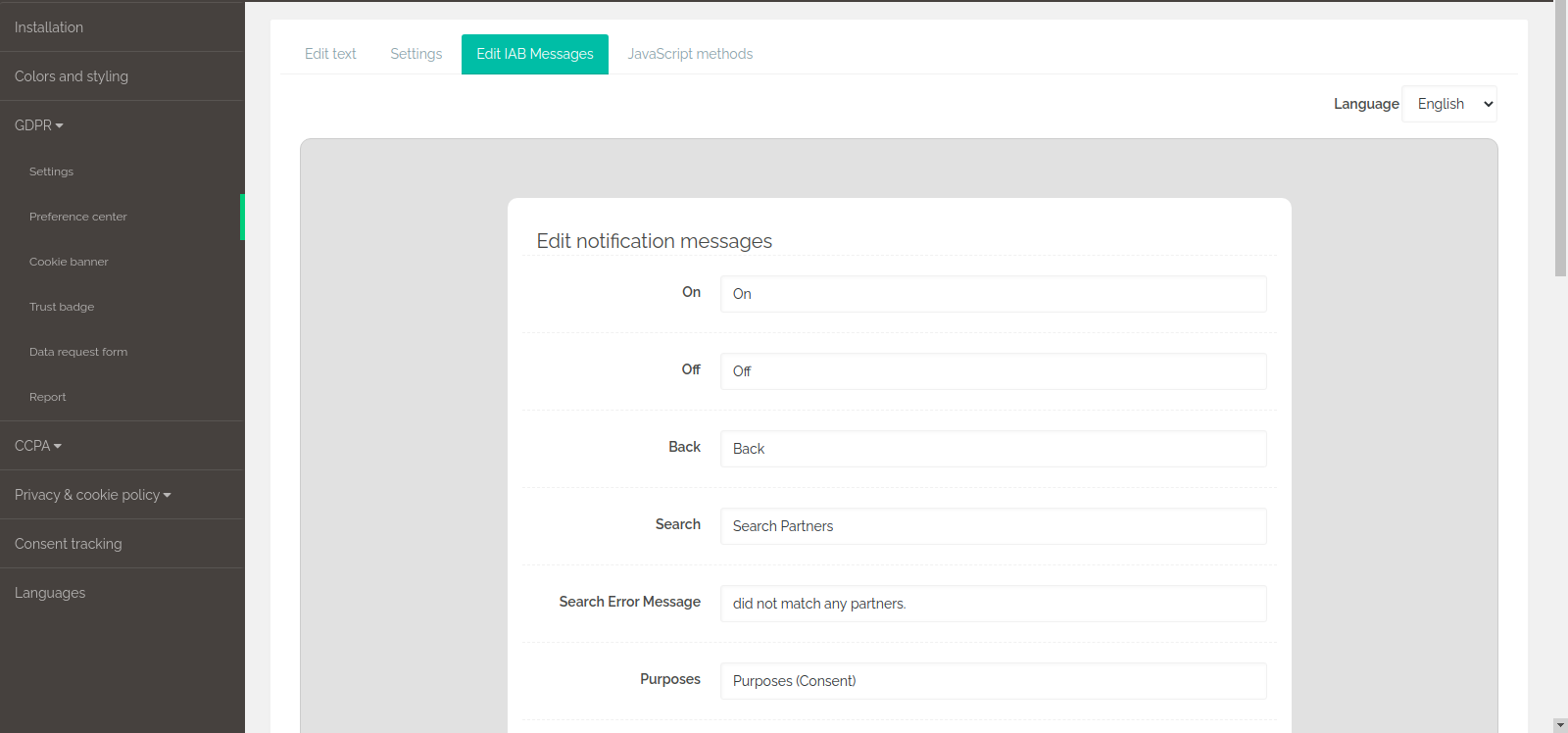Secure Privacy Edit IAB message tab in the preference center configuration