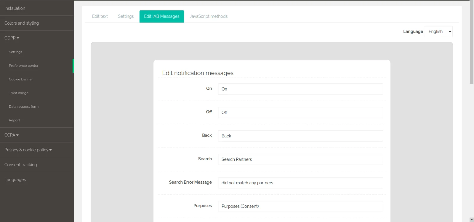 Secure Privacy Edit IAB message tab in the preference center configuration