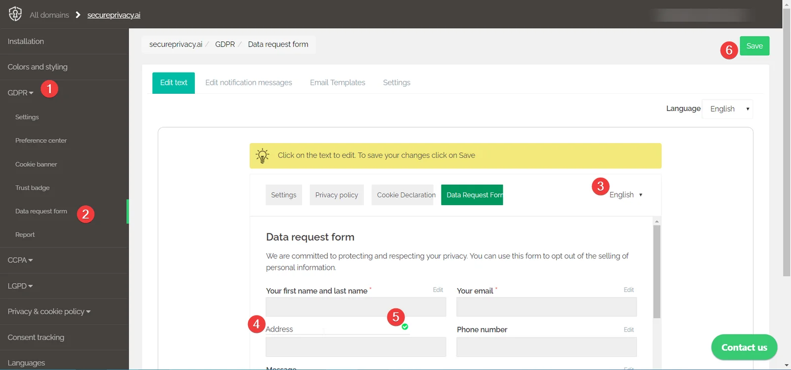 Secure Privacy Data Request Form Edit Text tab showing a control element in edit mode with text field and green tick to apply