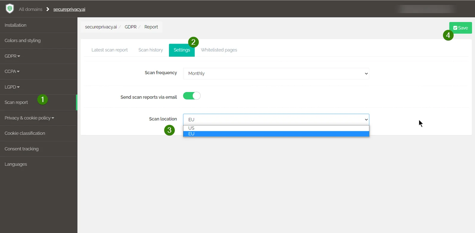 Secure Privacy scan location setting showing EU and US options with Save button and Latest Scan Report tab with Rescan Website button