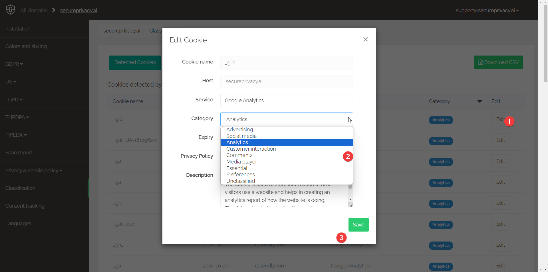 Secure Privacy cookie edit modal showing Category dropdown with available classification options for a detected service