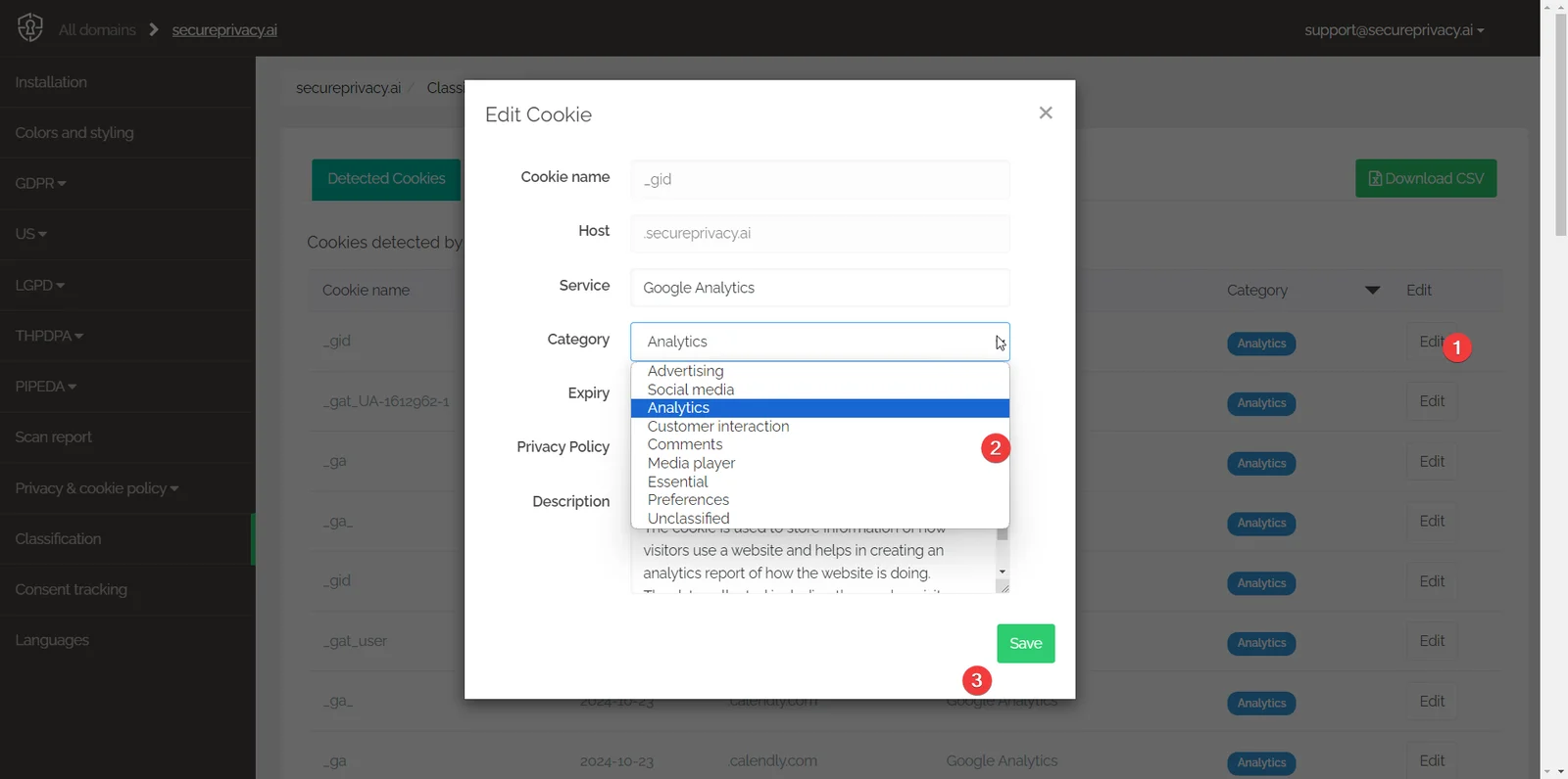 Secure Privacy cookie edit modal showing Category dropdown with available classification options for a detected service