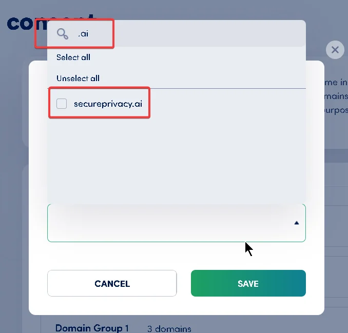 Secure Privacy cross-domain consent group creation dialog showing the group name field and multi-domain selection dropdown