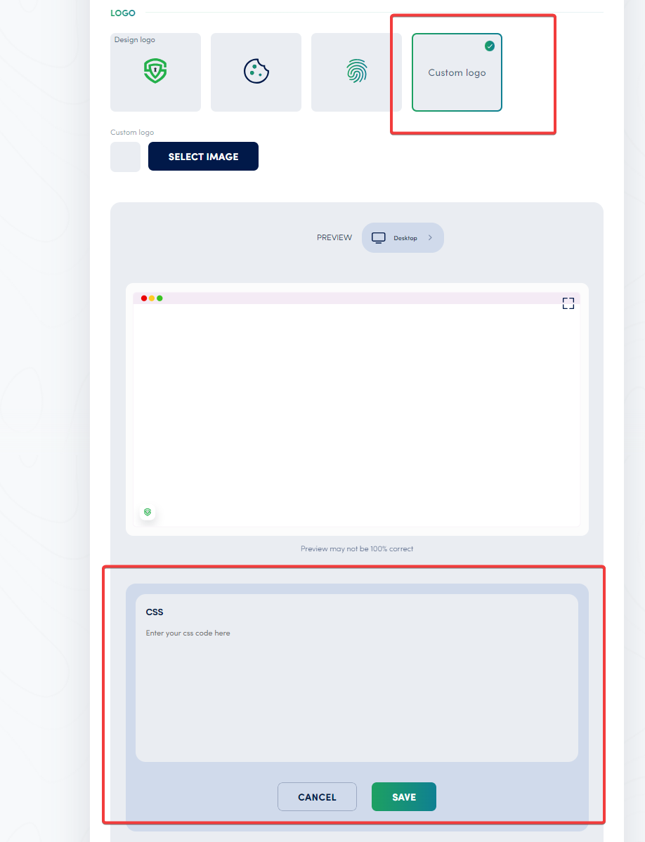 Secure Privacy floating widget Design settings showing location, shape, and logo options including cookie, fingerprint, and custom logo upload