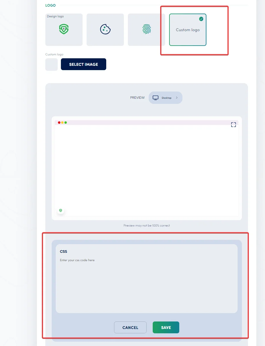Secure Privacy floating widget Design settings showing location, shape, and logo options including cookie, fingerprint, and custom logo upload