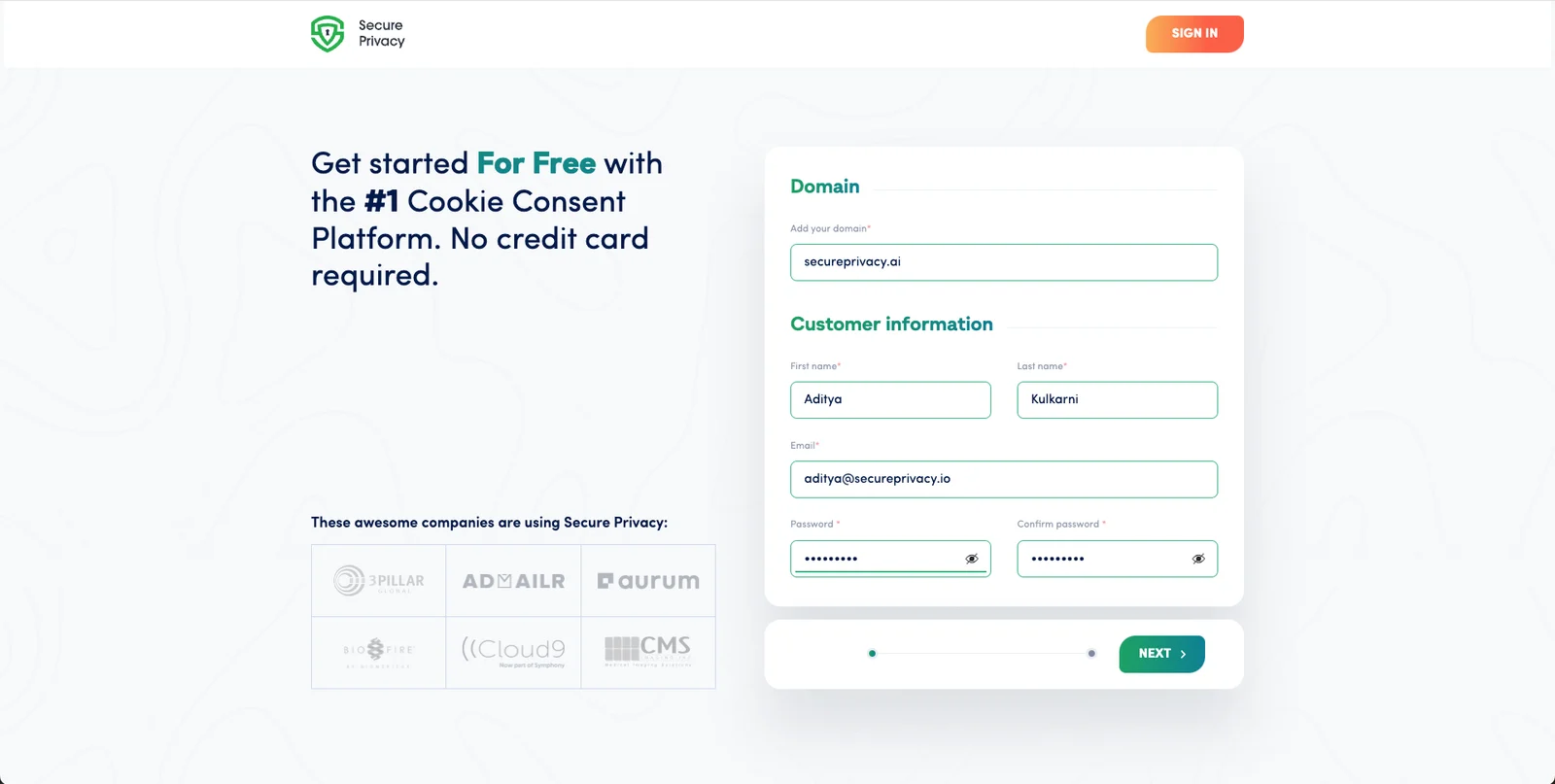 Secure Privacy sign-up form showing fields for entering a website domain and company account information