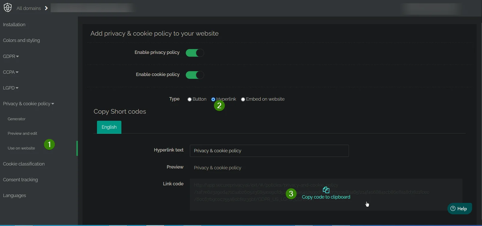 Secure Privacy Privacy and Cookie Policy Use on Website section showing Hyperlink embed type selected with Link code ready to copy