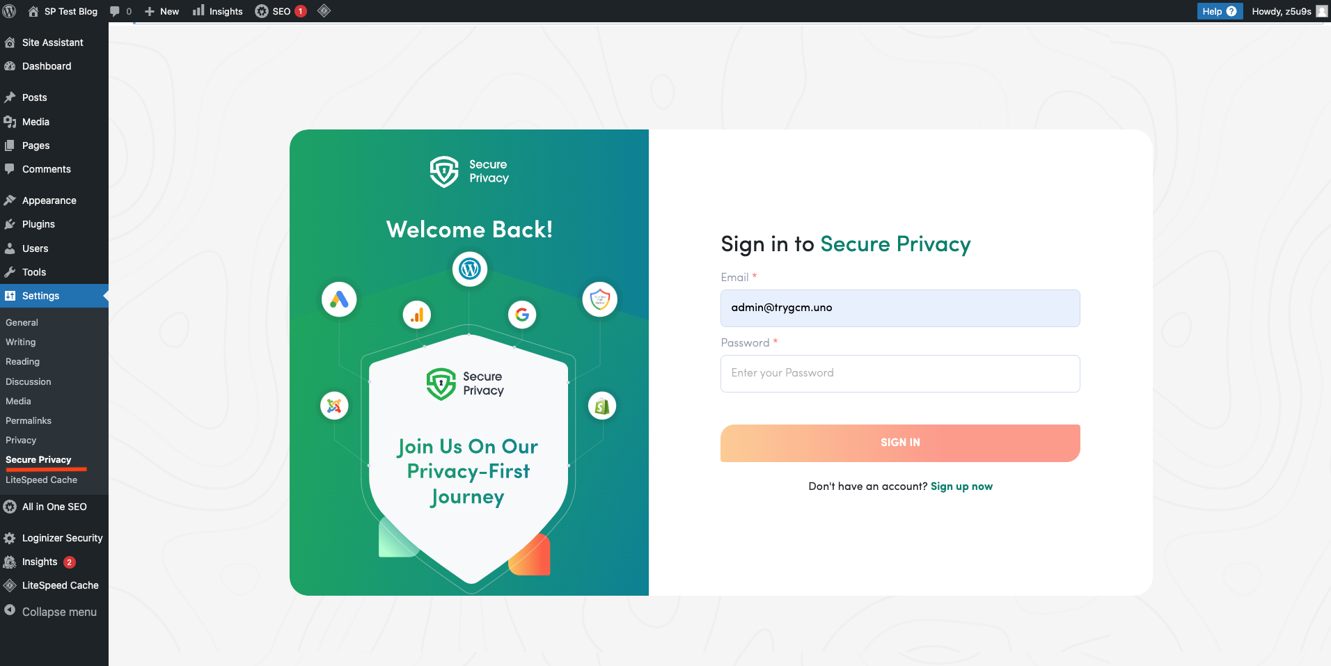 WordPress admin dashboard showing Settings menu with Secure Privacy plugin option