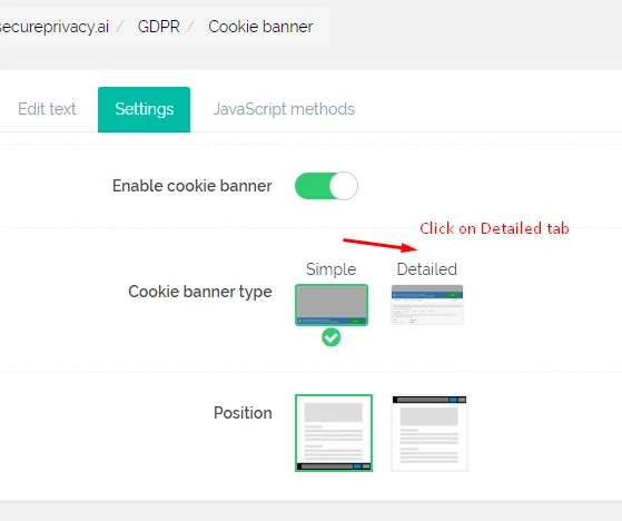 Secure Privacy Cookie Banner type setting showing Simple selected by default with Detailed option available to switch to