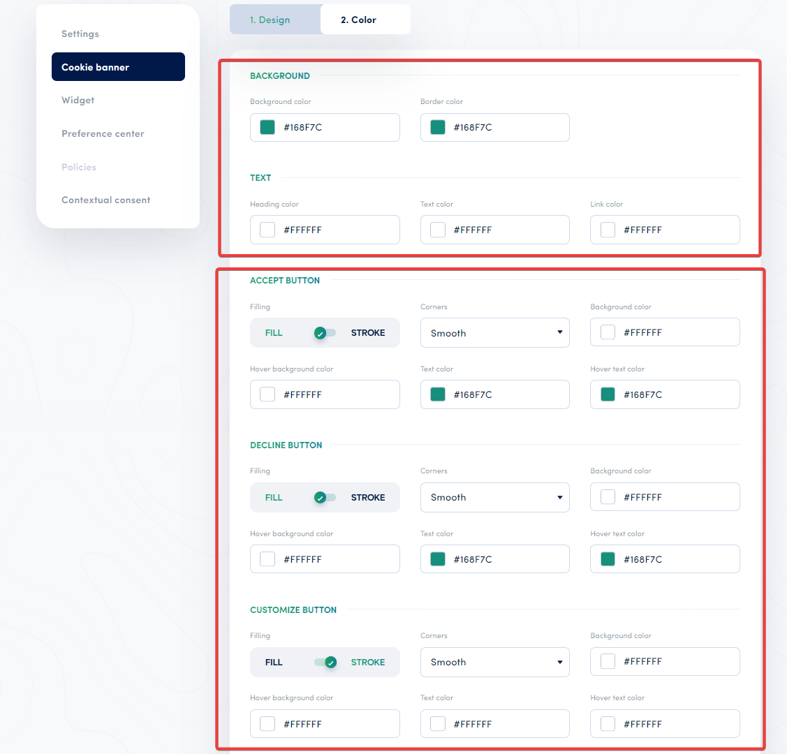 Secure Privacy cookie banner design settings showing the Custom CSS text area for injecting custom styles