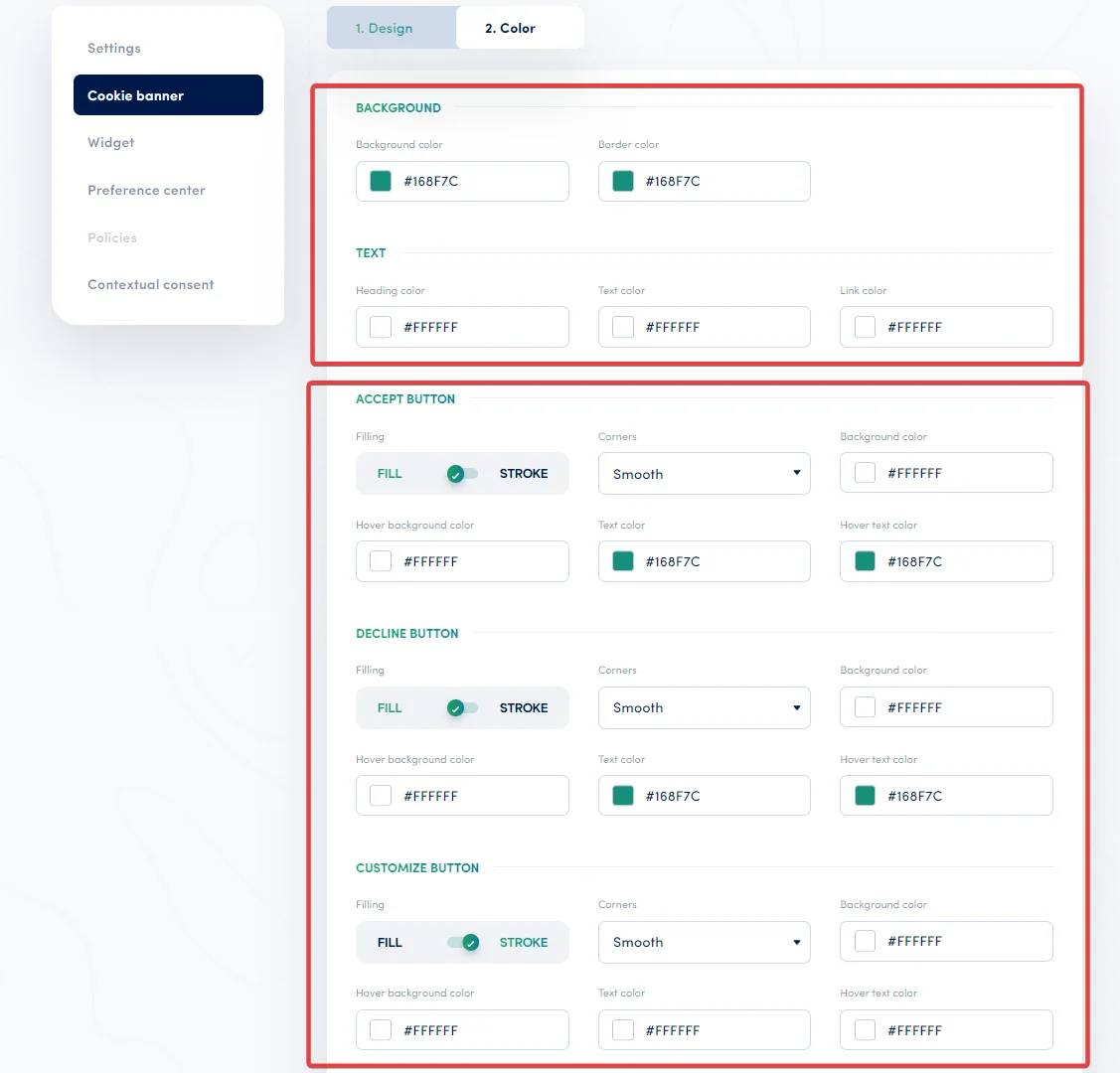 Secure Privacy cookie banner color customization panel showing background, text, border, link, and hover color options