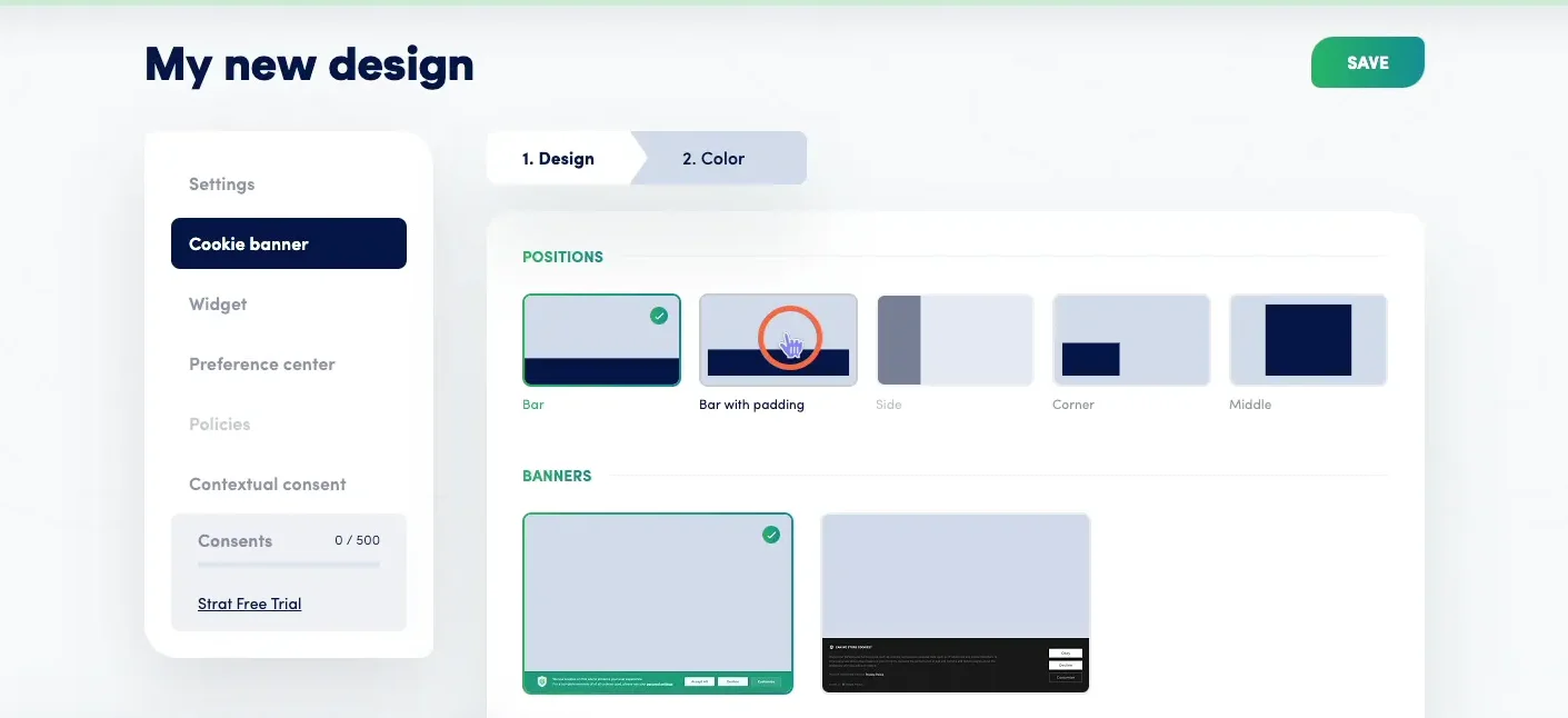 Secure Privacy Cookie Banner Design tab showing banner position options and custom CSS field