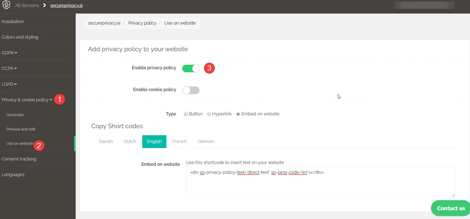 Secure Privacy Use on website settings showing Enable privacy policy toggle for enabling or disabling the policy on a domain