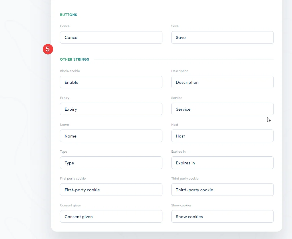 Secure Privacy Preference Center Advanced Categories section showing editable name and description fields for Advertising, Analytics, and Customer Interaction categories
