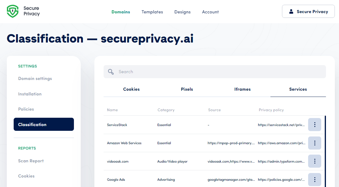 Secure Privacy Classification Services tab — full list of detected services for the domain with consent category assignments