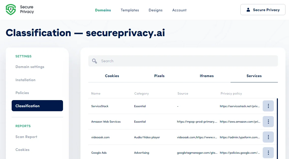Secure Privacy Classification Services tab — full list of detected services for the domain with consent category assignments
