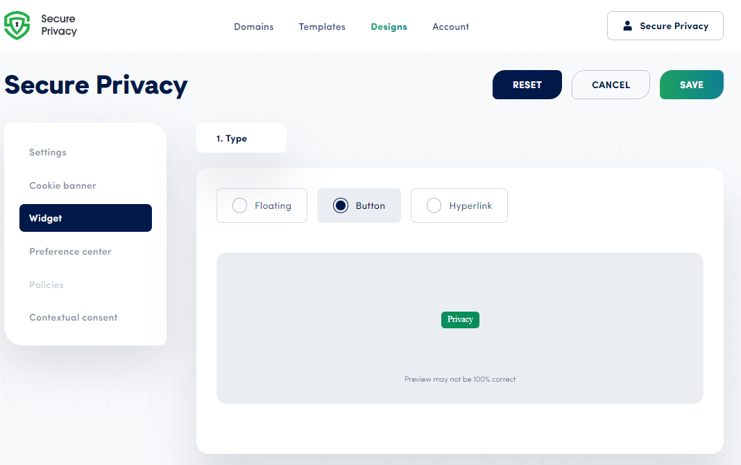 Secure Privacy floating widget type selected in the Widget settings showing customization options for style, position, and design