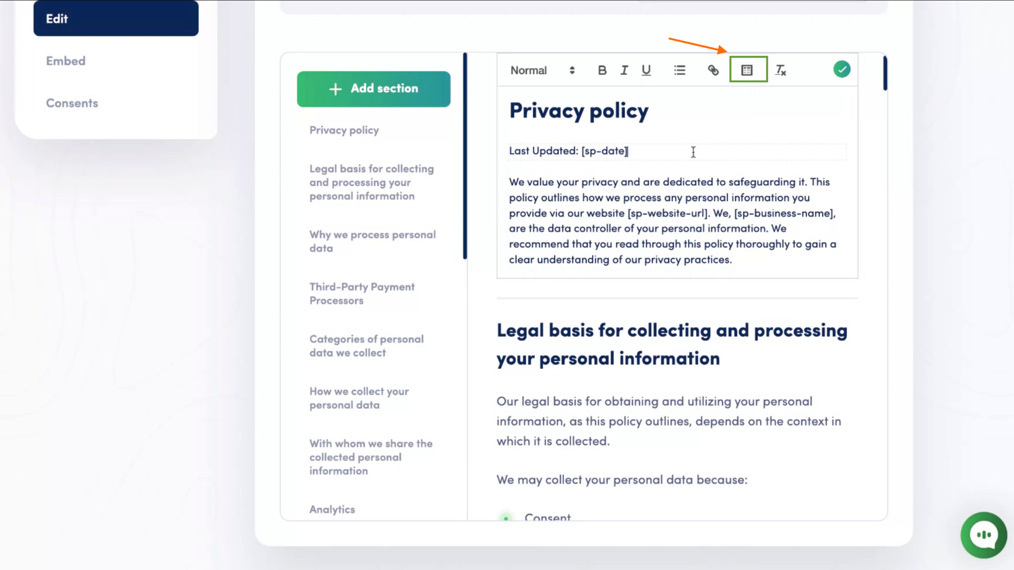 Secure Privacy Policy Editor toolbar showing the table icon for inserting a new table into the policy content