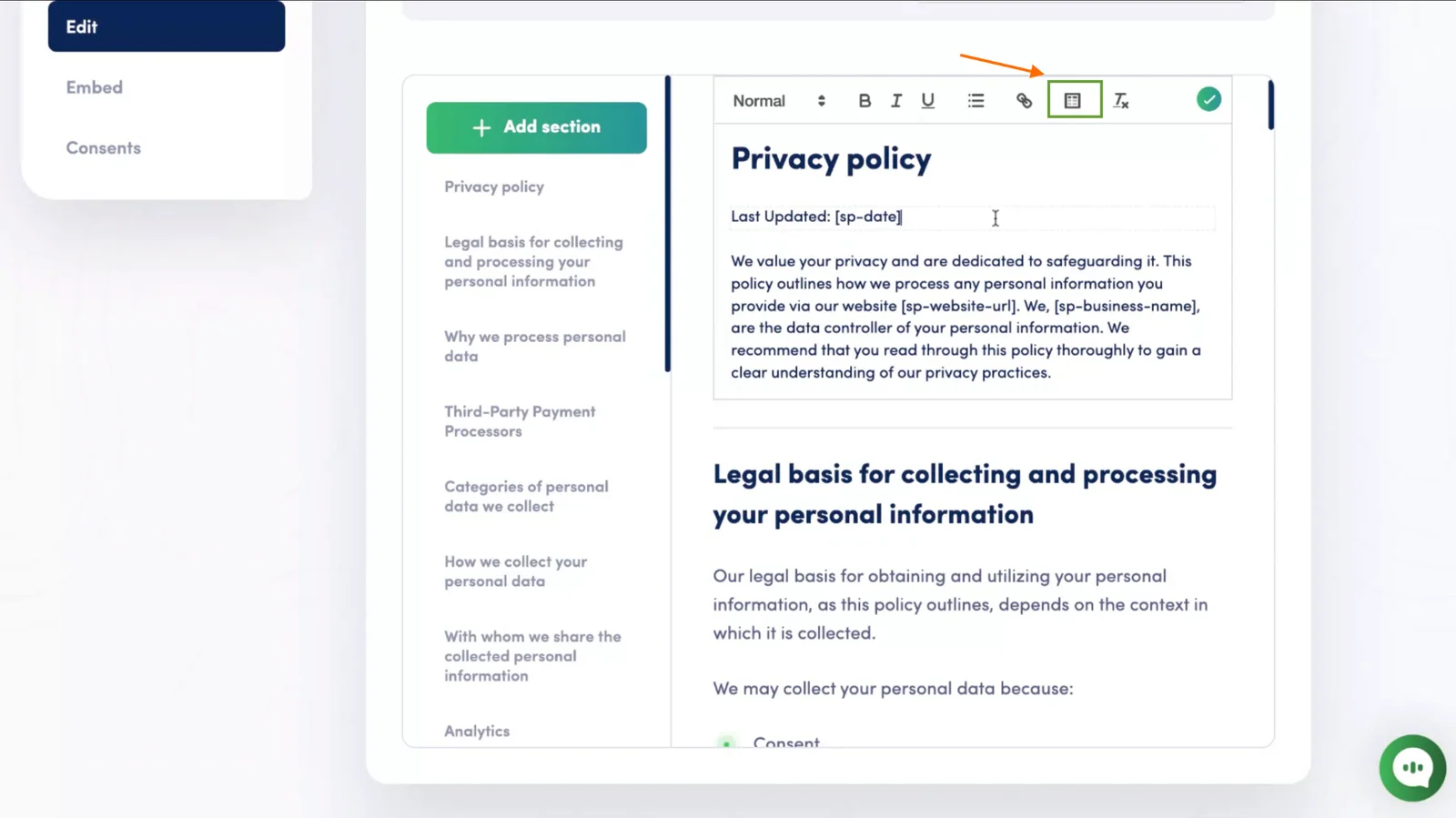 Secure Privacy Policy Editor toolbar showing the table icon for inserting a new table into the policy content