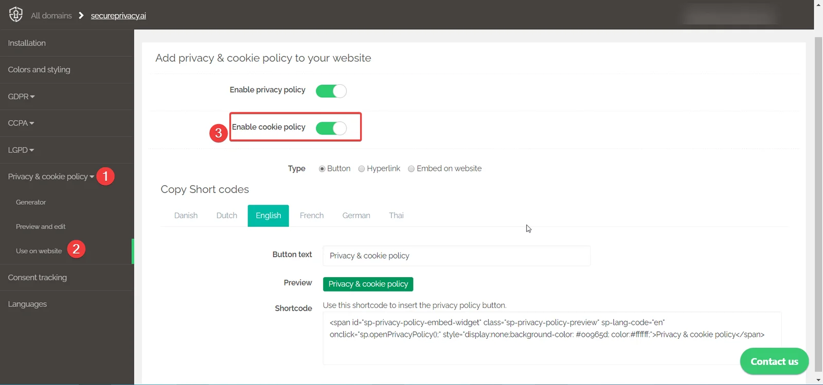 Secure Privacy Use on website settings showing Enable cookie policy toggle for enabling or disabling the Cookie Declaration on a domain