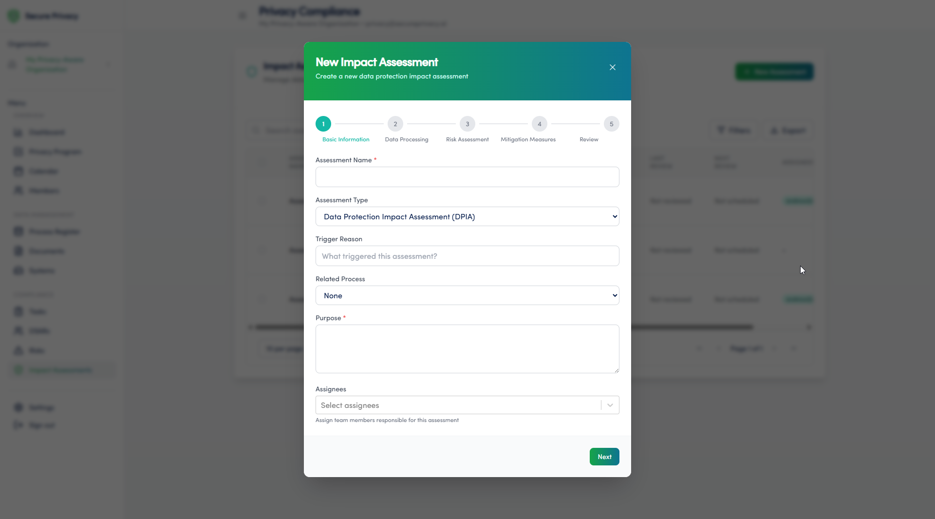 Secure Privacy Impact Assessments module DPIA form showing risk identification, mitigation fields, and approval status