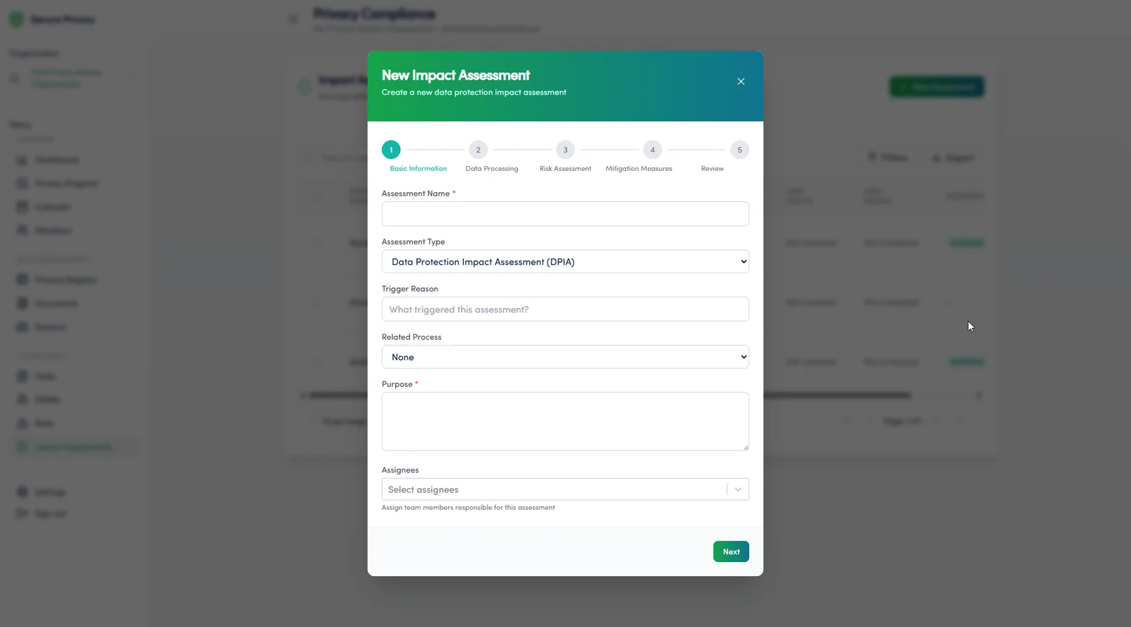 Secure Privacy Impact Assessments module DPIA form showing risk identification, mitigation fields, and approval status