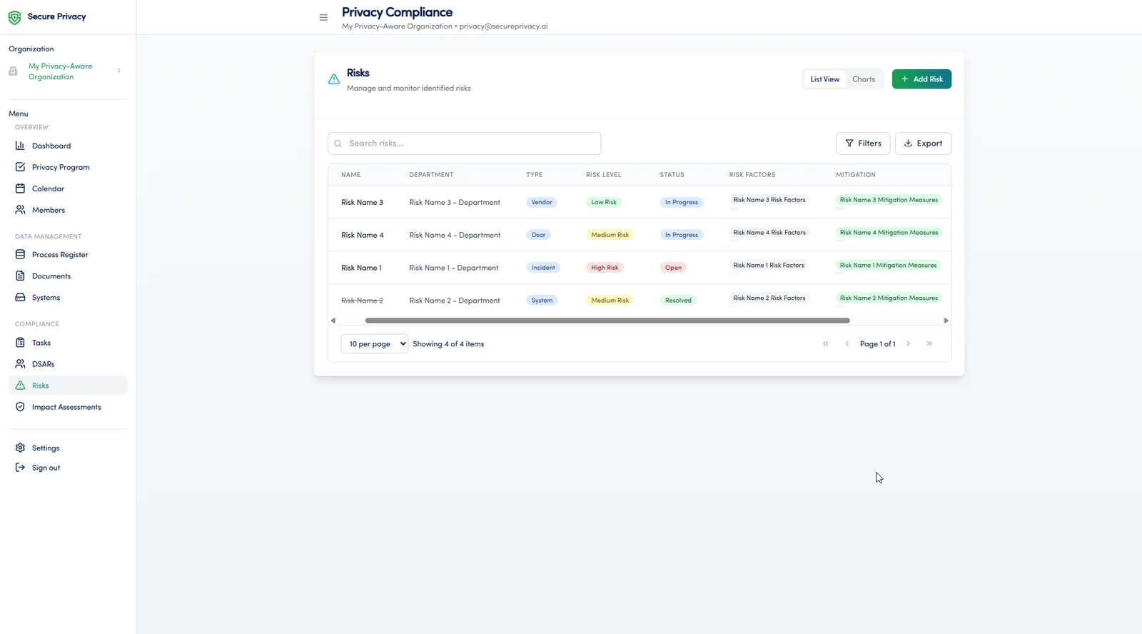 Secure Privacy Governance Solution Privacy Risk Management module showing risk register with assessment and mitigation status