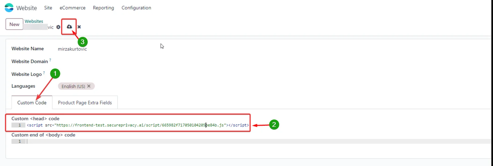 Secure Privacy GDPR cookie consent script pasted into the Custom Code section in Odoo Studio