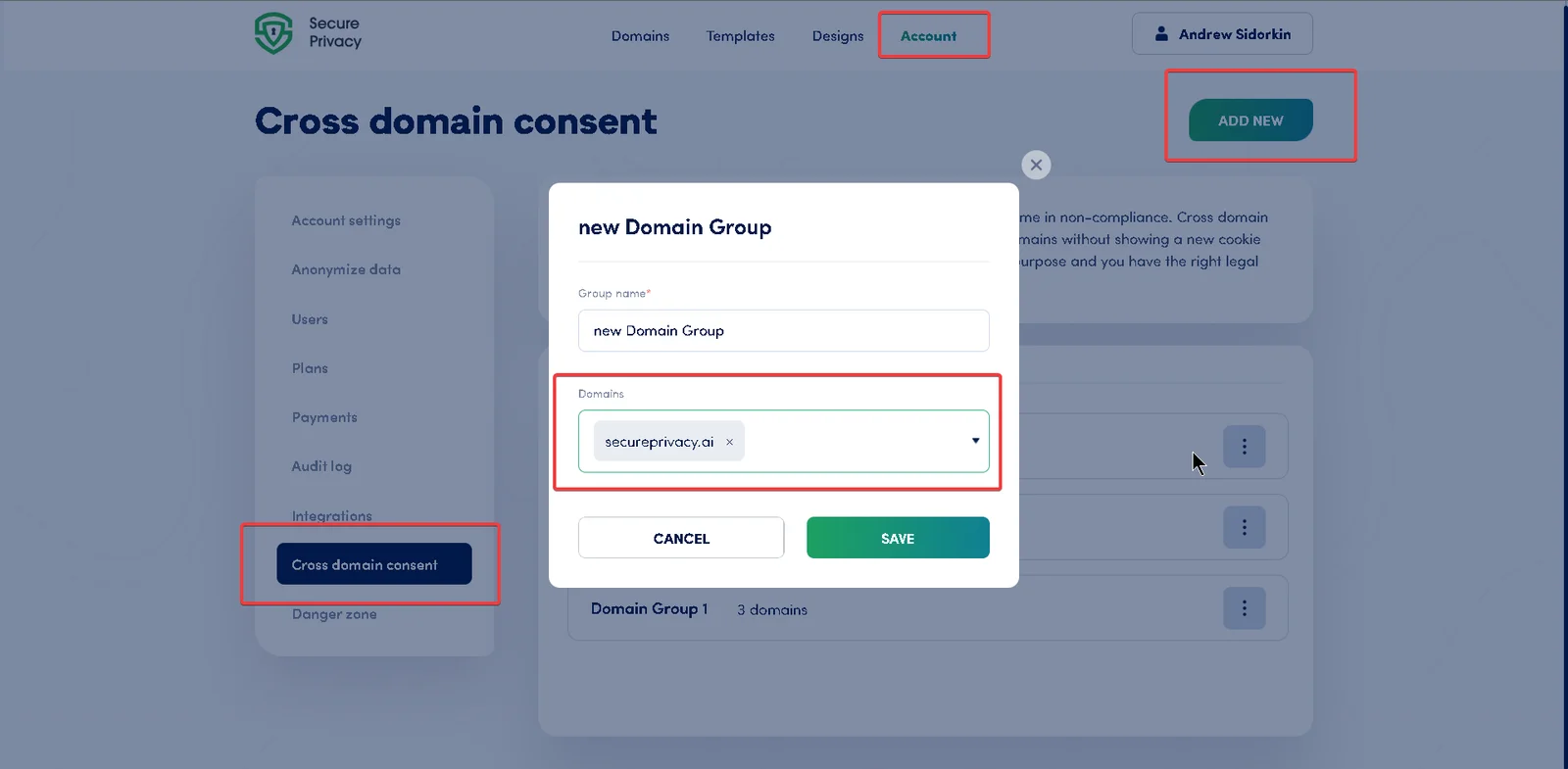 Secure Privacy Account settings page showing the Cross Domain Consent tab where shared cookie consent groups are created and managed