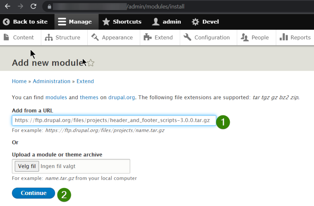Drupal Extend module list showing the Header and Footer Scripts module ready to be enabled