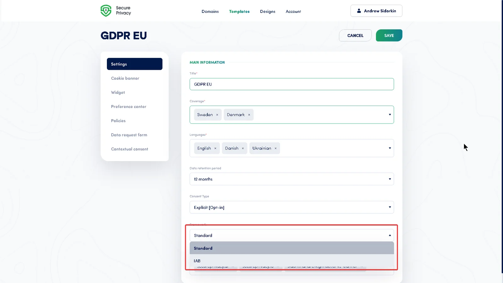 Secure Privacy framework selection showing Standard and IAB TCF v2.0 options