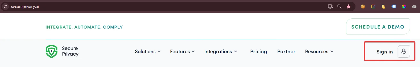 Secure Privacy login page showing the credentials entry fields for accessing the dashboard