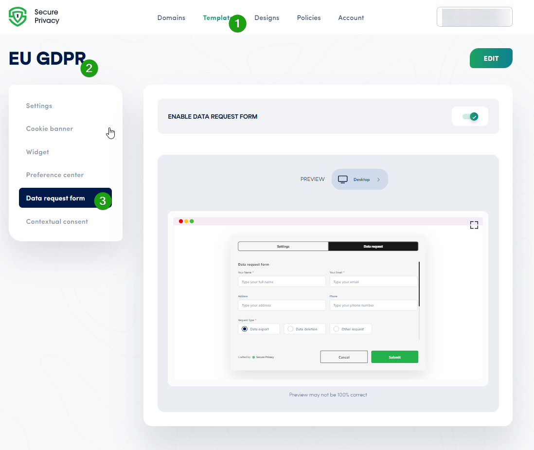 Secure Privacy Templates section showing compliance template options including EU GDPR for DSAR form configuration