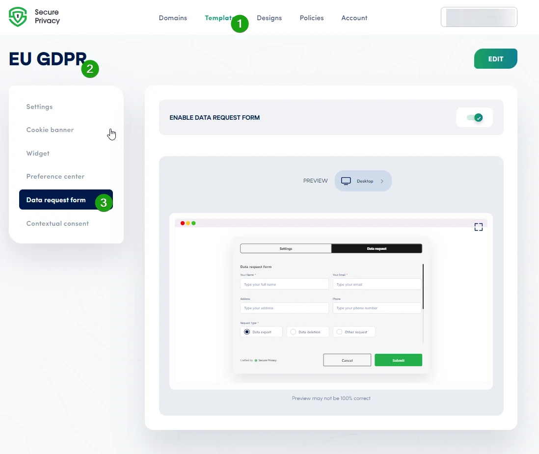Secure Privacy Templates section showing compliance template options including EU GDPR for DSAR form configuration