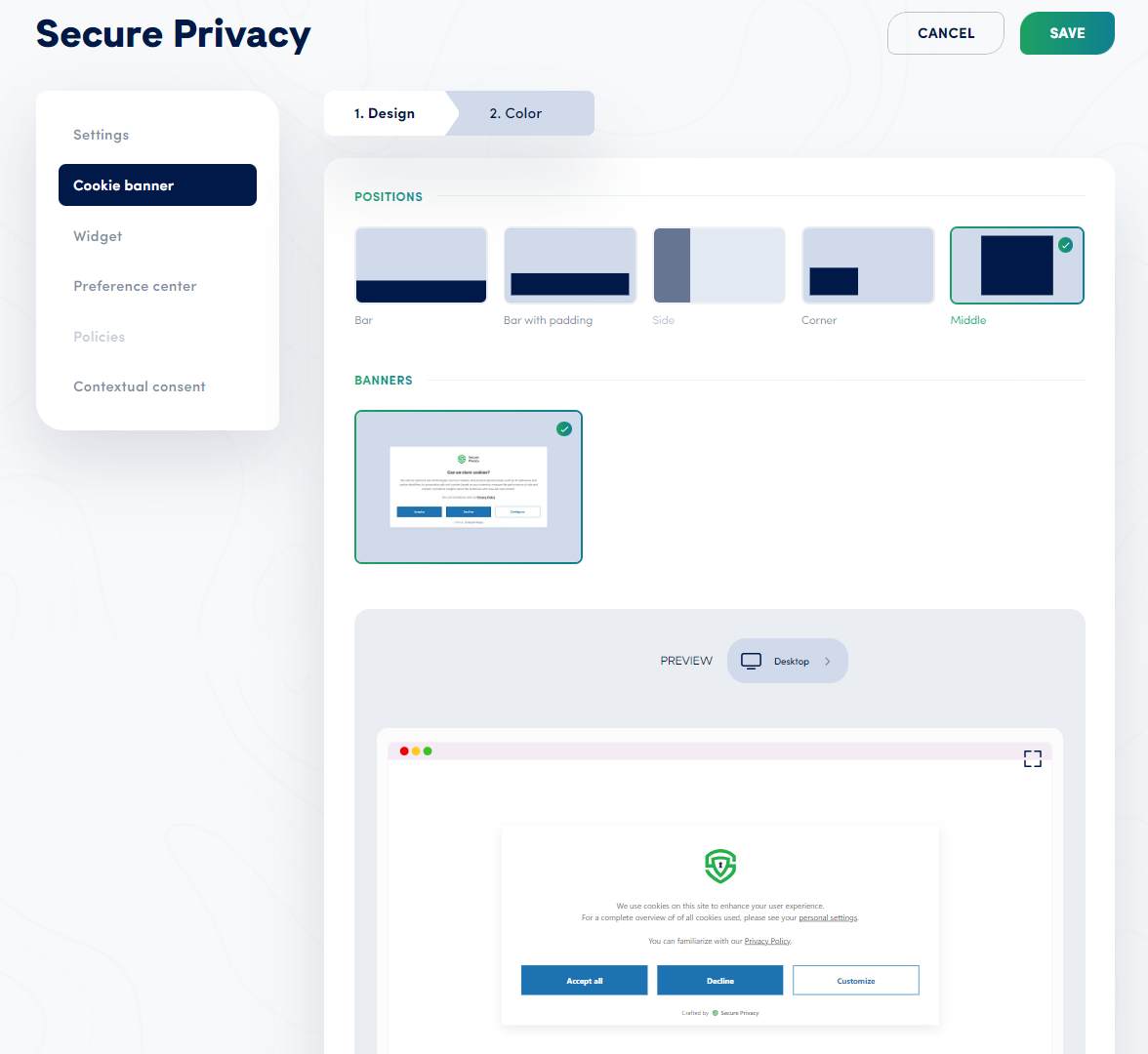 Secure Privacy cookie banner showing Corner position design displayed in the bottom corner of the viewport
