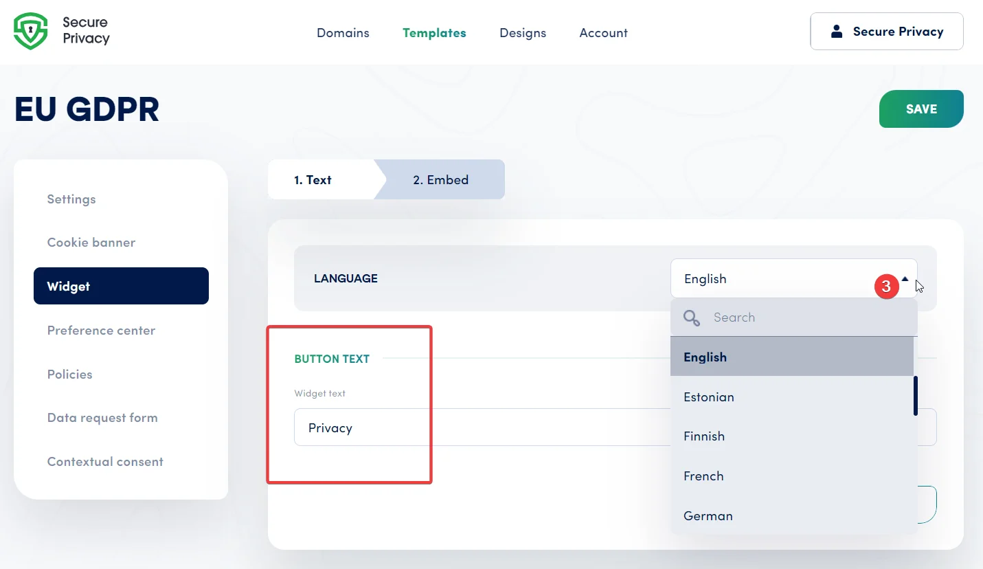 Secure Privacy cookie widget edit mode showing the language selector for adding or removing languages from the trust badge