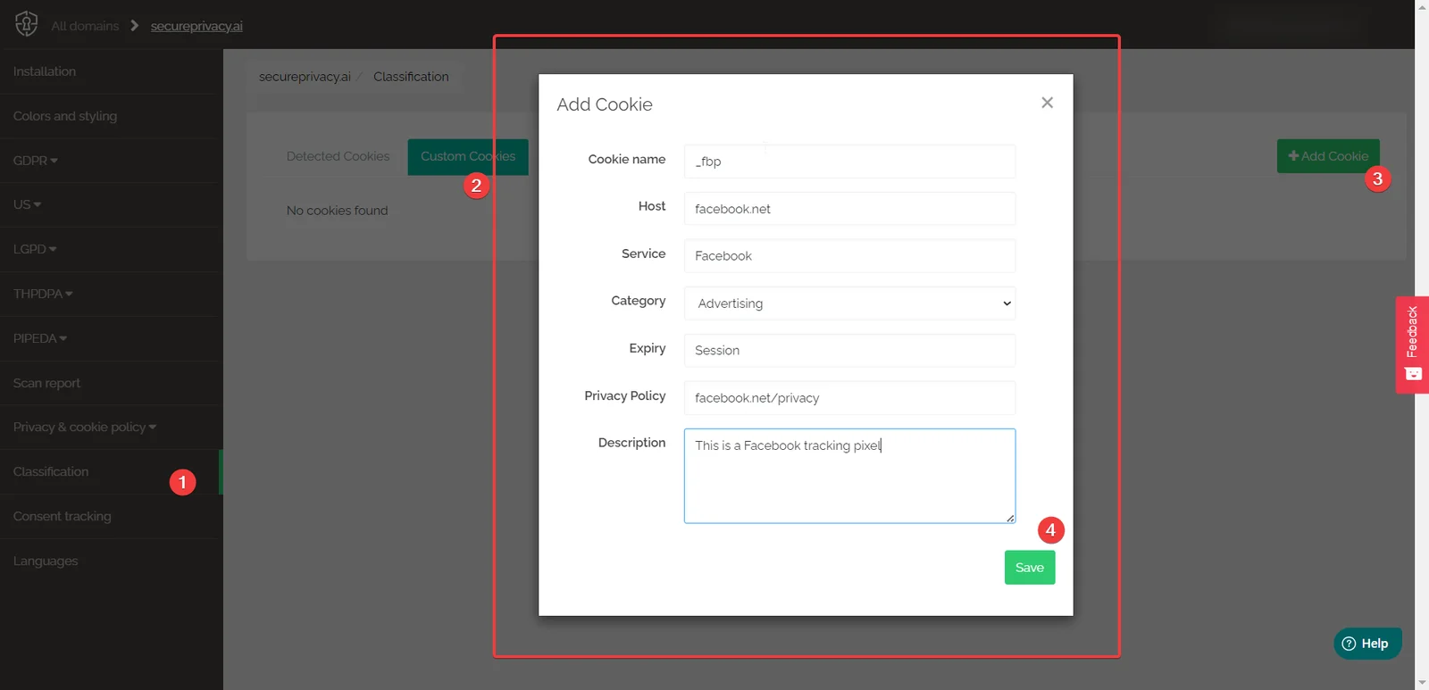 Secure Privacy Scan Report page showing Rescan Website button to apply custom cookie and service classification changes