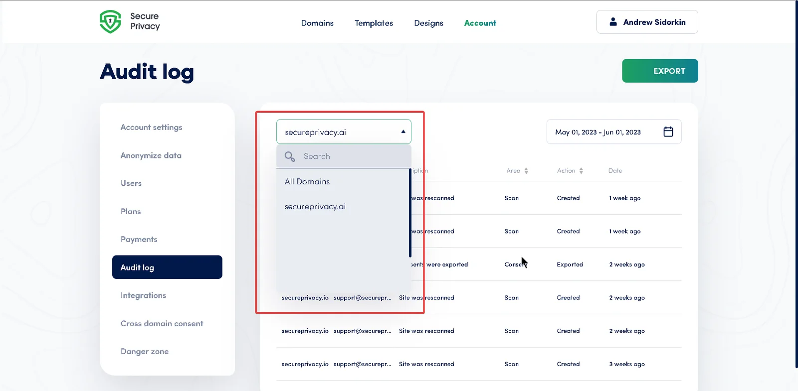 Secure Privacy Audit Log domain filter showing a search field used to filter the privacy activity log by a specific domain name