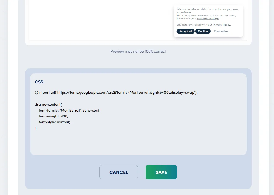 Secure Privacy Custom CSS panel showing an @import rule for Google Fonts added at the top of the CSS field