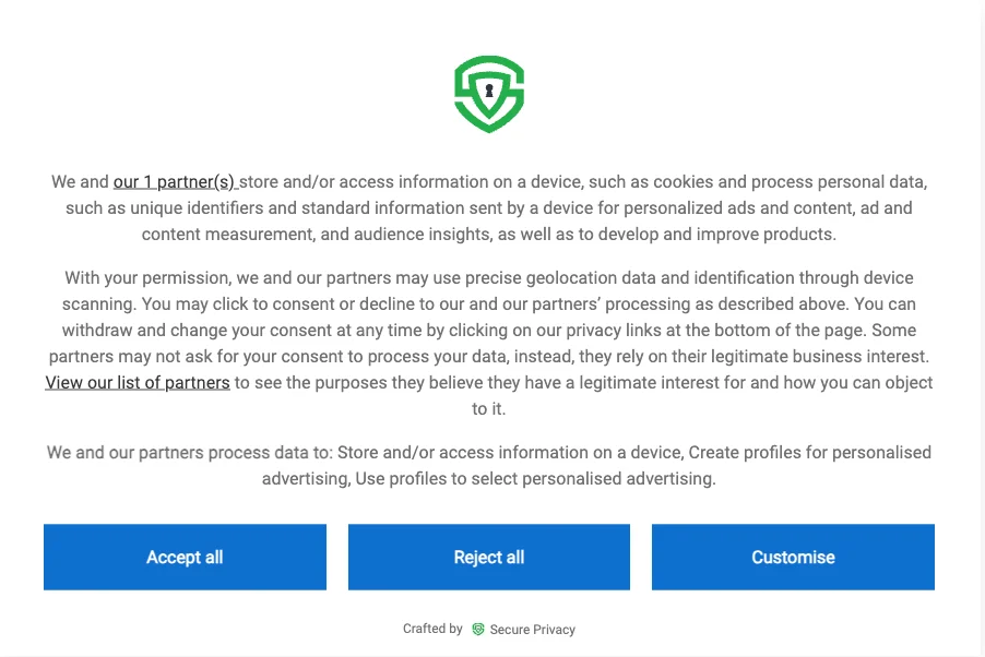 IAB TCF-compliant cookie consent banner showing the required vendor information, processing purposes, and consent options as mandated by the framework