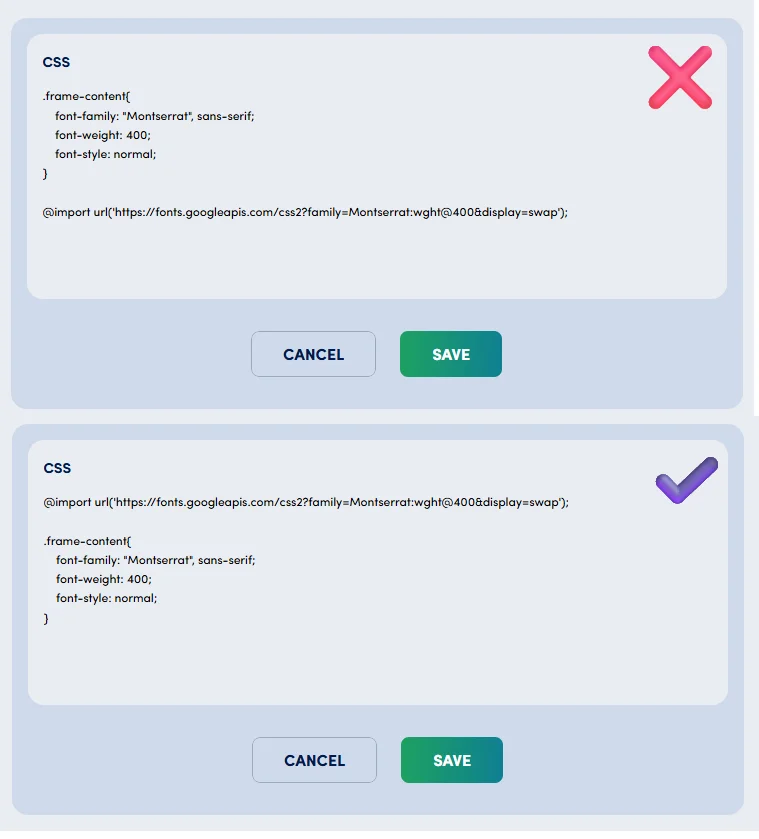 Secure Privacy Custom CSS panel showing font-family applied to the sp-banner-heading selector using Roboto from Google Fonts