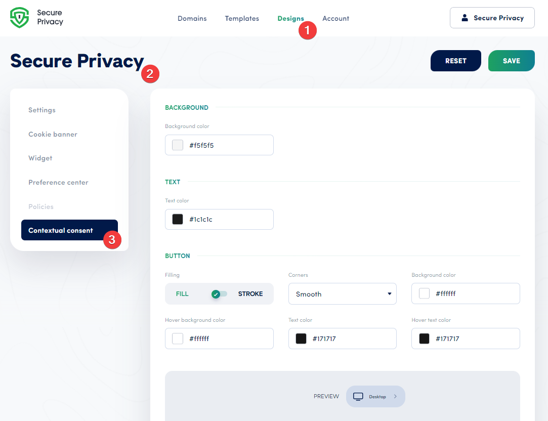 Secure Privacy Design dashboard showing the Contextual Consent section selected within a design template