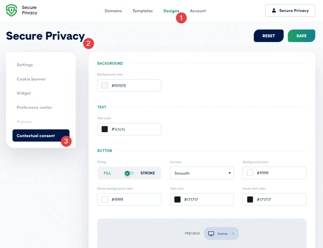 Secure Privacy Design dashboard showing the Contextual Consent section selected within a design template