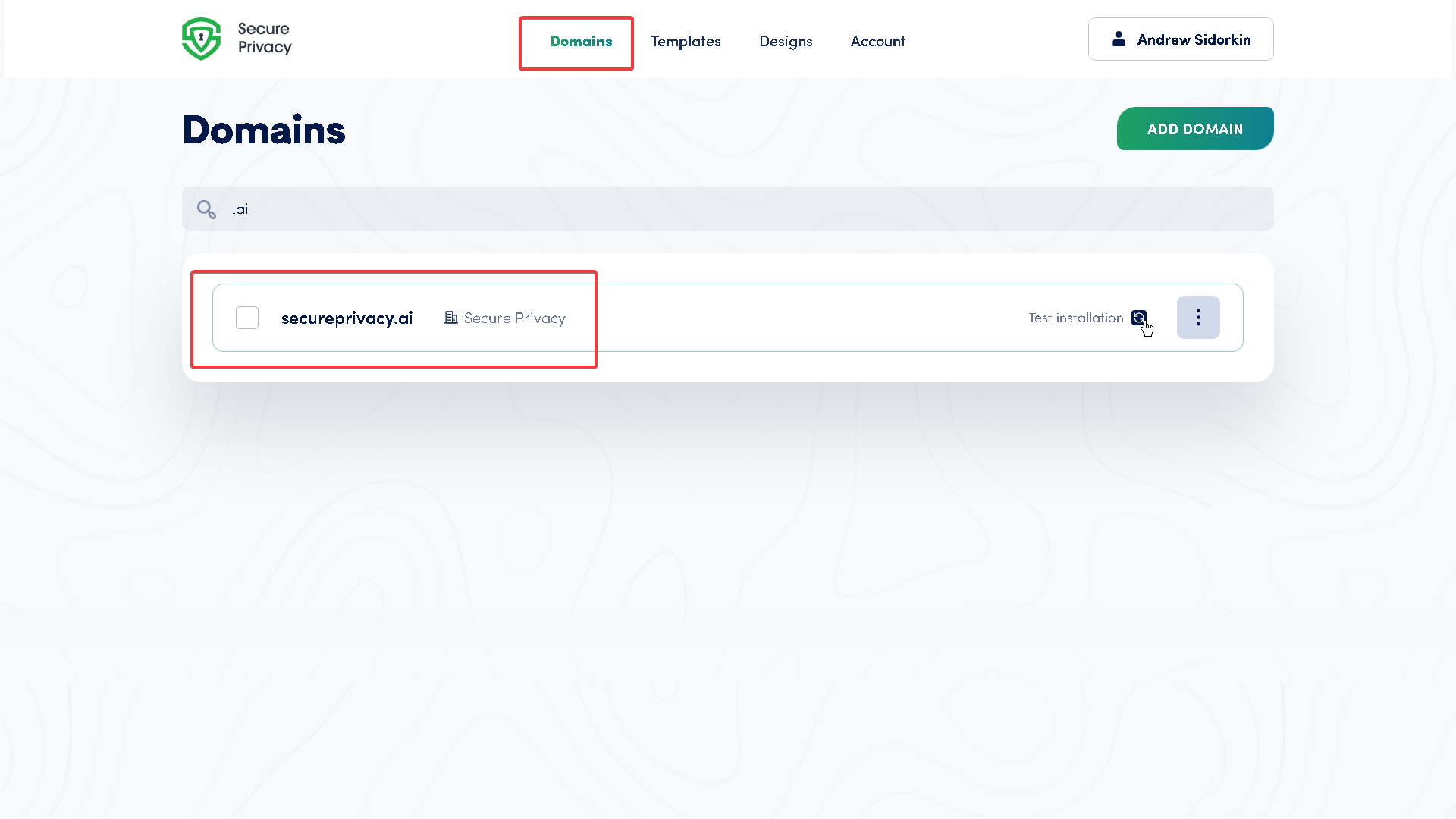 Secure Privacy Domains tab showing a list of domains with options to open individual domain settings and cookie consent configuration