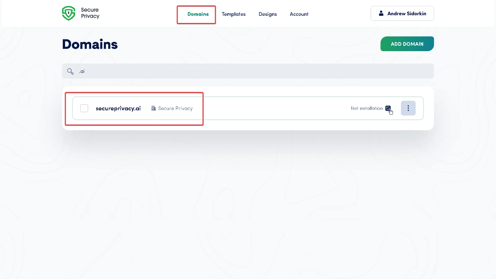 Secure Privacy Domains tab showing a list of domains with options to open individual domain settings and cookie consent configuration