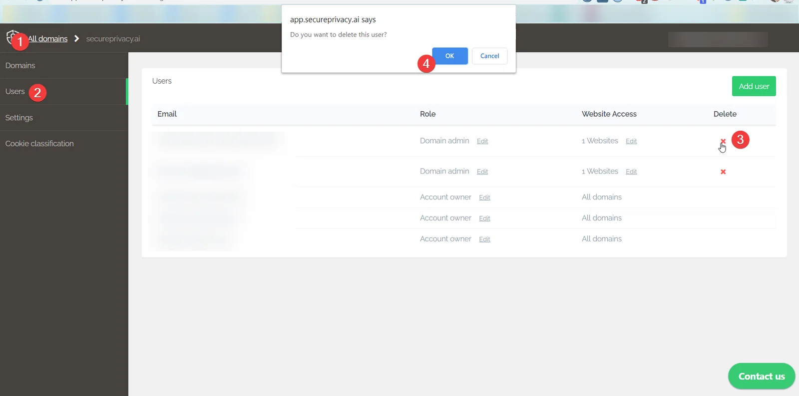 Secure Privacy Users page showing the red cross icon next to a user email for deleting a team member from the account