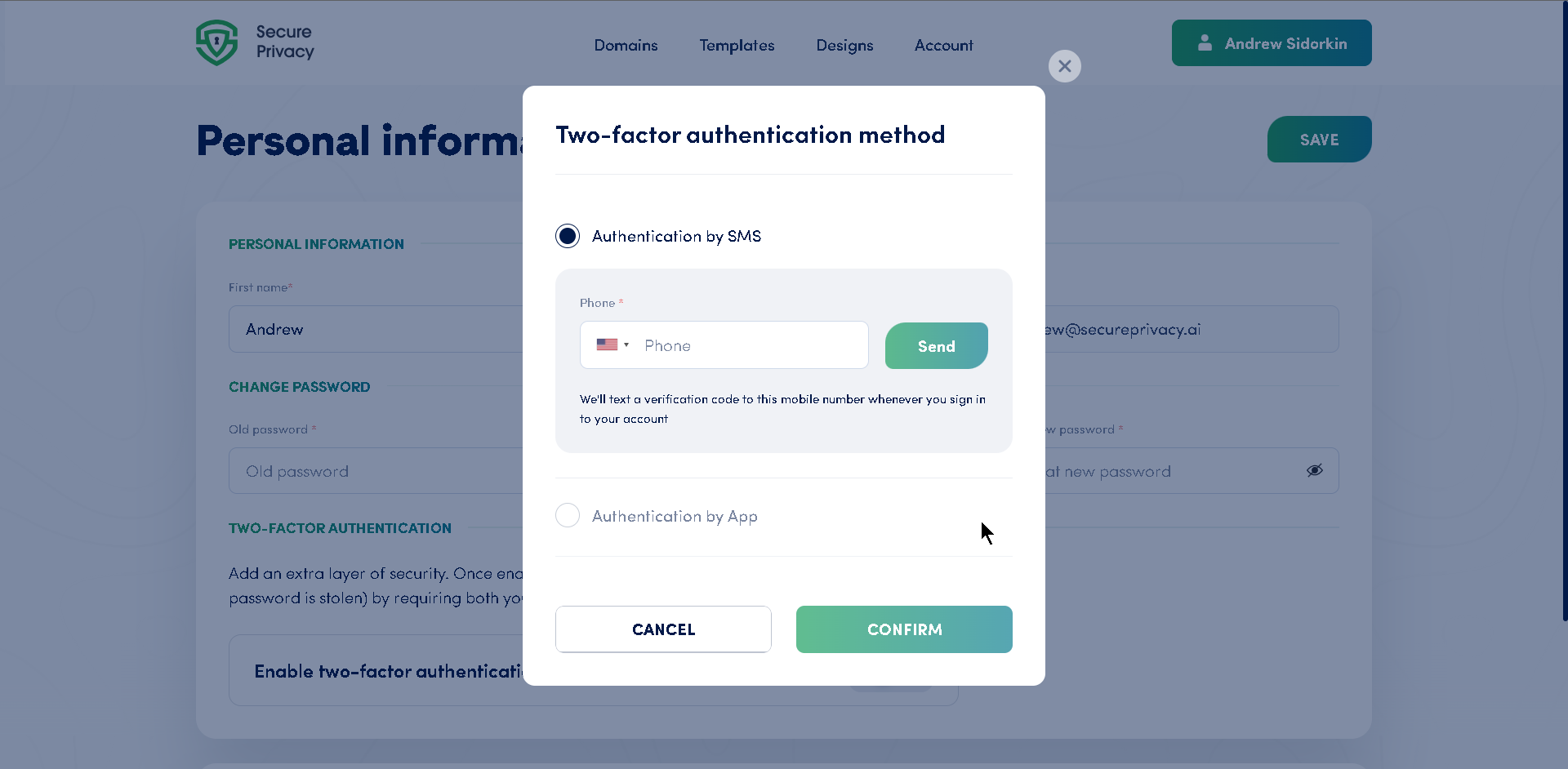 Secure Privacy account security settings page showing the two-factor authentication toggle switched on and the SMS verification method selected