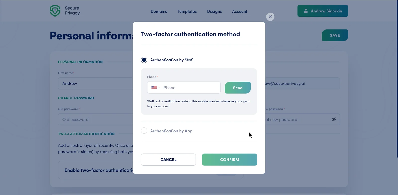 Secure Privacy account security settings page showing the two-factor authentication toggle switched on and the SMS verification method selected