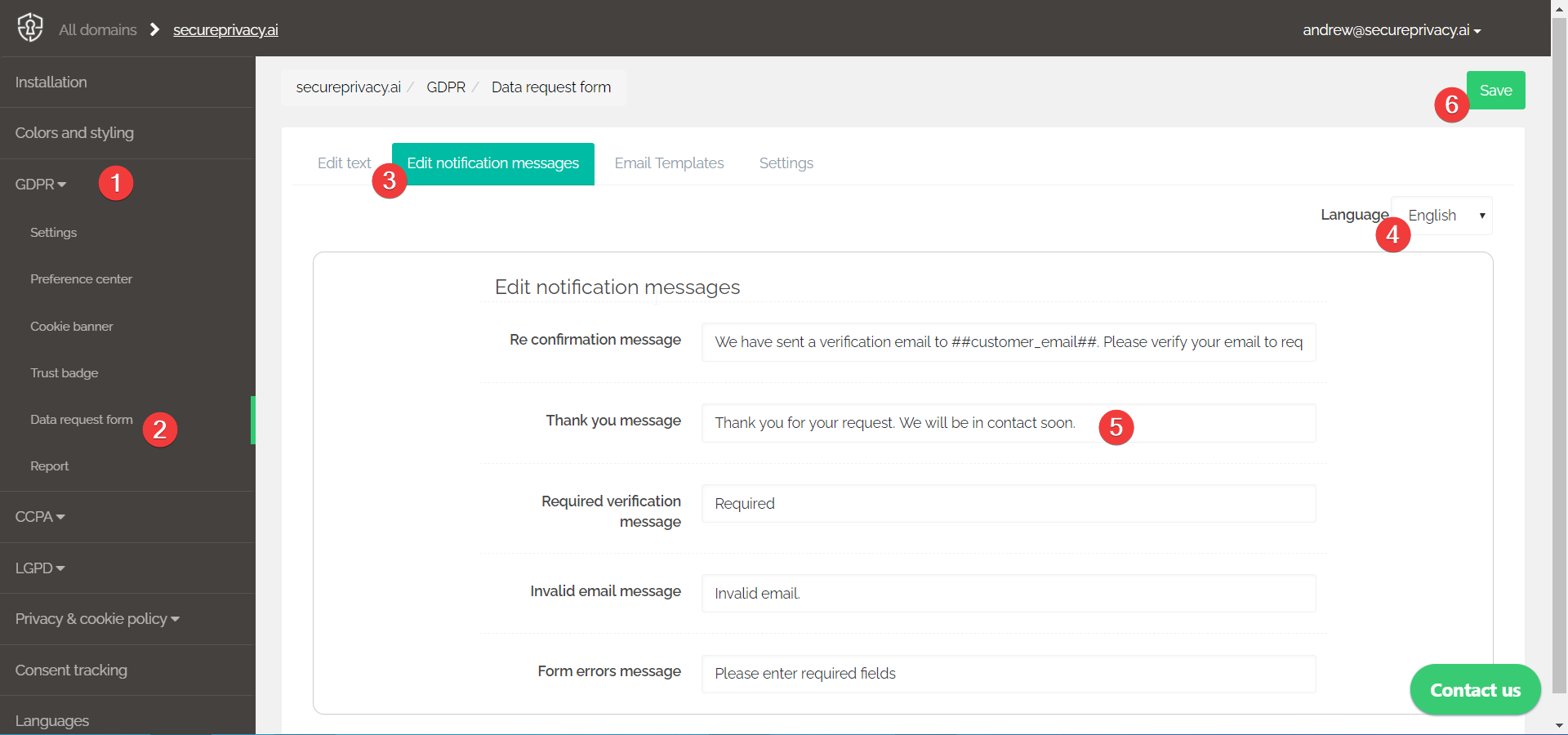 Secure Privacy Data Request Form Edit notification messages section showing editable message fields with language selector and Save button